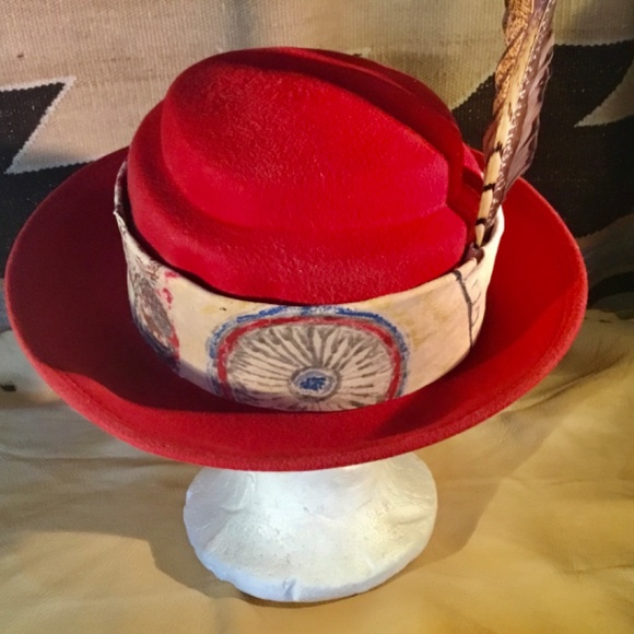 Vintage red 100%wool felt hat created by AmyG O/S handpainted teepee chamois